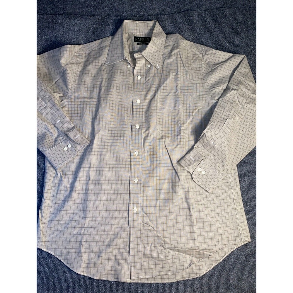 Lauren‎ Ralph Lauren Dress Shirt Men's 16.5 Brown Plaid Contrast Stitch Non-Iron